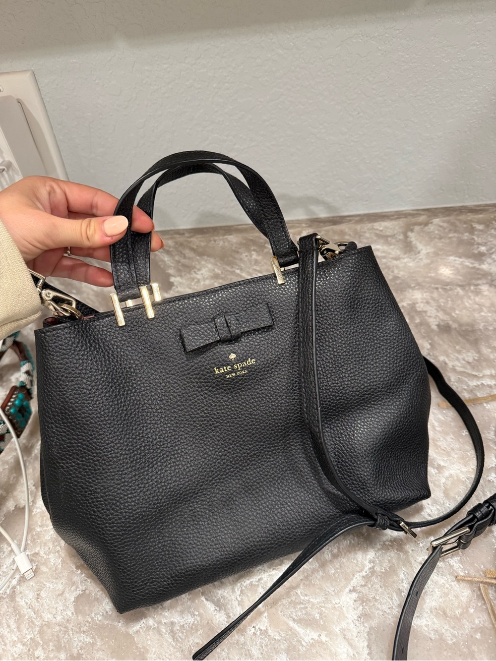 kate spade Black Pebbled Leather Satchel with Bow Accent